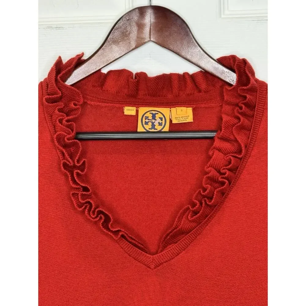 Tory Burch Red Merino Wool V-Neck Sweater Ruffle Collar Size Small